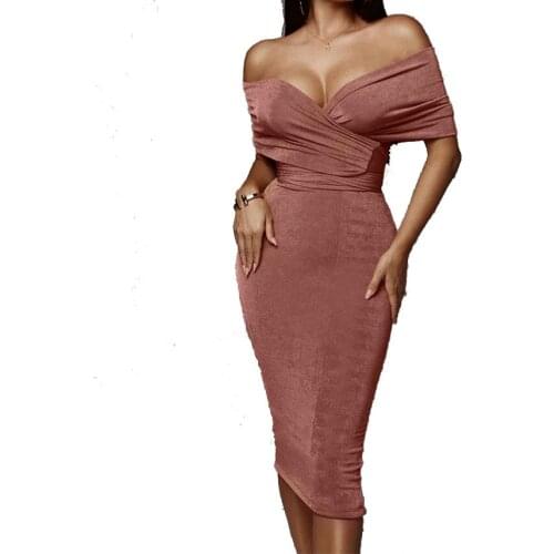 Midi Dress Elegant Summer V-Neck Casual Wrap Dress Women Ladies Off Shoulder Party Bodycon Midi Pencil Dress Clothing