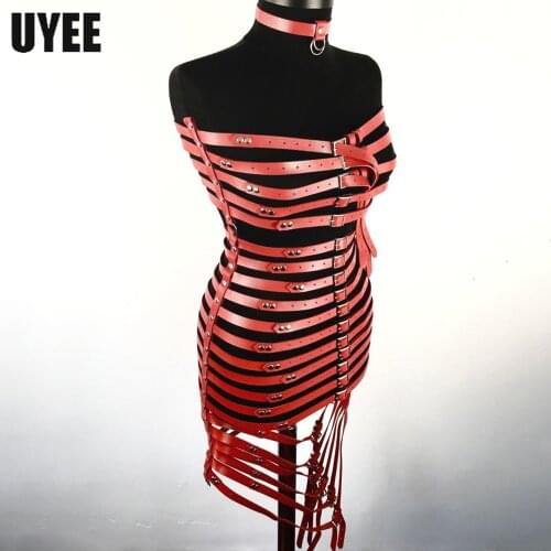 UYEE Red Full Body Harness PU Leather Belt Skrit Sexy Body Bondage Chest To Leg Strap Sexy Costumes Clubwear Luxury Suspenders
