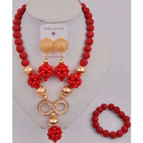 Latest Red Nigerian Coral Beads African Jewelry Set Bridal Wedding Jewelry Sets 12-F-02