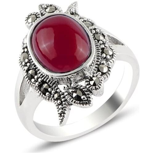 Silverlina Silver Red Agate & Marcasite Ring