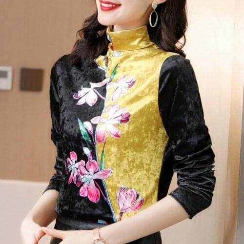 Winter Fall Fashion Women Female Turtleneck Warm Thick Fleece Floral Velvet Top T Shirt , Velour Tshirt Tops for Woman Clothes