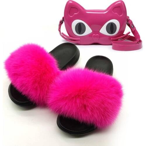 Fox Fur Slides Women Home Slippers Flat Furry Flip Flops Ladies Cute Cat Purse Sets Girls PVC Shoulder Bags Fluffy Sandals