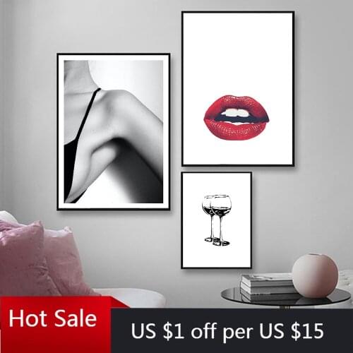 Modern Bad Girls Lip Fashion Style Black Wine Glasses Canvas Painting Art Print Poster Picture Wall Decor Living Home Room Decor