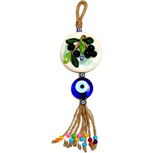 Ceramic Olive Detailed Glass Evil Eye Bead Handmade Souvenir Wall Ornament