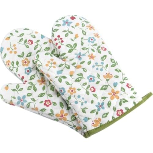 1 Pair Oven Mitts Floral Kitchen Gloves for Oven Cooking Grill and BBQ Non Slip Gloves Cotton Lining Hanging Loop green