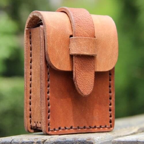 Cowhide Cigarette Case Lighter Pocket Retro Leather Drawstring Wear Belt Large Capacity Handmand Storage Bag Men Smoking Tools