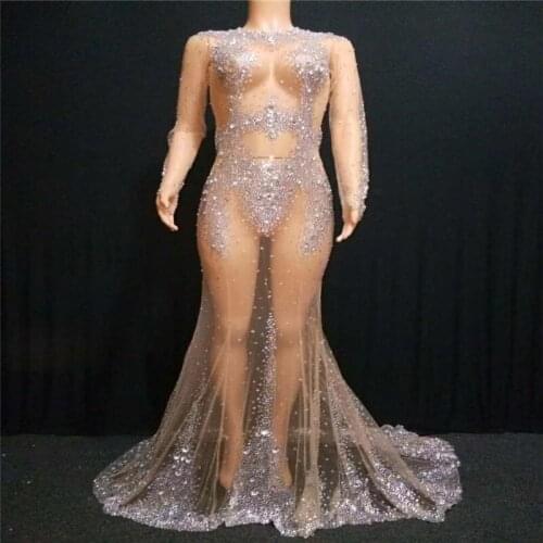 Y39 Party evening dress women Perspective mesh long skirt Rhinestone female outfits pole dance wears sexy diamonds clothe club