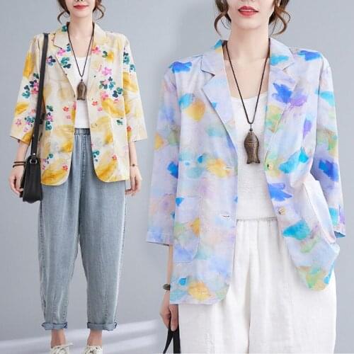 Summer New Cotton And Linen Small Suit Jacket Women Loose Versatile Thin Linen Printed Three-Quarter Sleeve Casual Shirt zh1007