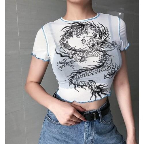 Summer Womens T-shirts Watermark Dragon Embroidery Blouse Sexy Show Your Navel CropTop Short Sleeve O-Neck Slim Tees Female