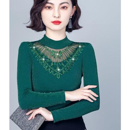 Plus Thickened O-Neck Warm Lace Bottoming Shirt Women Mesh Long Sleeve Top Autumn Winter 2021 Embroidery Flora Tshirt Y770