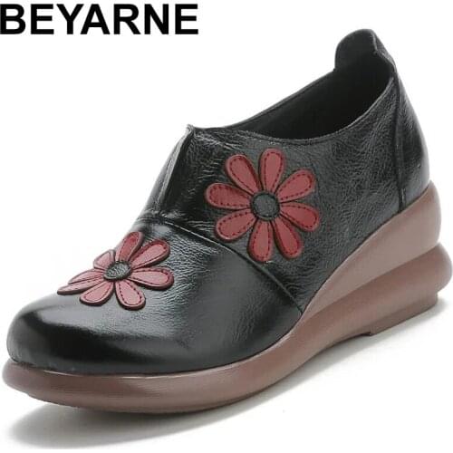 BEYARNE Lady Embroider Flower Fashion Flat Increase Wedge Shoes Genuine Leather Ethnic Design Womens Shoes Ladies Espadrilles