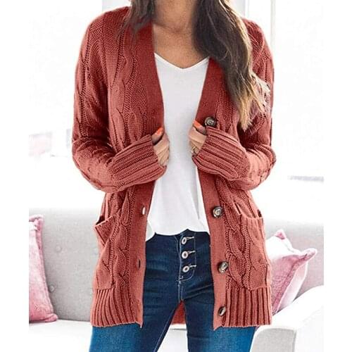 Woman All-Match Long Sleeve Sweaters 2021 Autumn New Fashion Pure Color Twist Button Cardigan Sweater Multicolor Selection