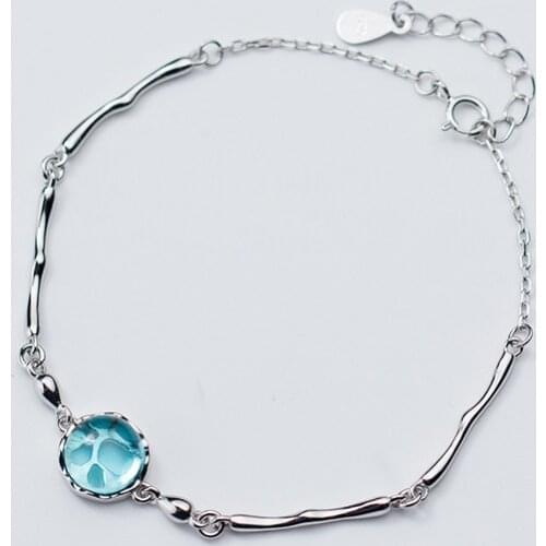 MloveAcc Genuine 925 Sterling Silver Bracelet for Women Fairy Tale Blue Crystal Mermaid Tear Bubble Charm Bracelet