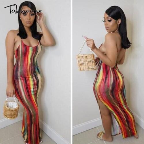 Tobinoone Tie Dye Split Criss Cross Maxi Dress Women Summer Spaghetti Strap Backless Sexy Dresses Party Evening Bodycon Vestidos