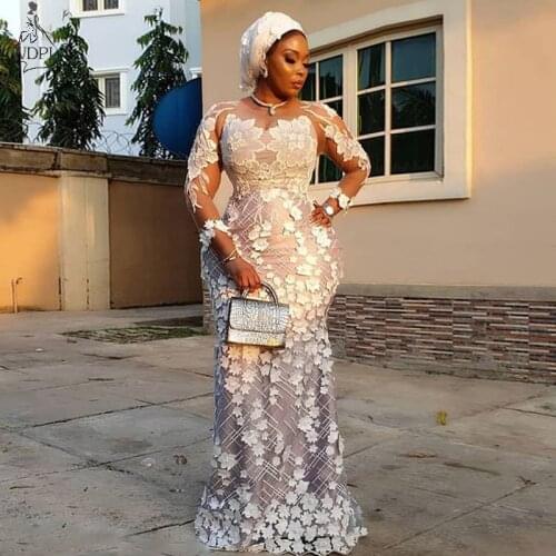 Aso Ebi Nigerian Mermaid Formal Evening Dress Long Sleeve Lace Appliqued Elegant Prom Dresses Plus Size 2019 Robe de soiree