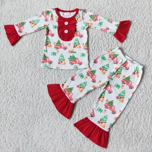 Winter Baby Girls Two Pieces Pajamas Outfits Pickup Truck Carrying Christmas Tree Print Ruffled Set