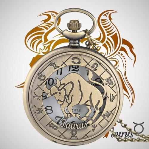 Taurus Pendant Cattle Case Watches for Men Women Quartz Pocket Watch Vintage Popular Constellations Clock Necklace with Chain