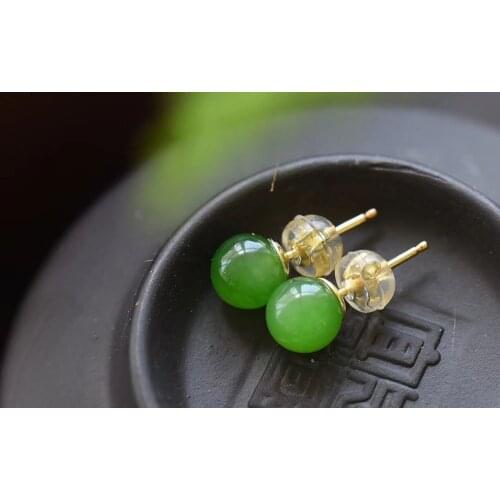 202018k Gold Stud Earrings For Women Natural Dark Green Jade Earring Luxury Wedding Charm Jewelry Ear Studs