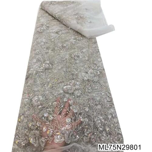 2021 Nigerian High Quality Embroidery Net Lace Fabric with sequins Beads lace fabric 5 yards for wedding dress ML75N298/ML75N299