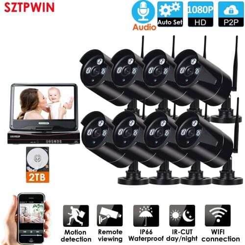 8ch audio 1080P Wireless Surveillance System Network 10.1" LCD Monitor NVR Recorder Wifi Kit 2mp HD Video Inputs Security Camera