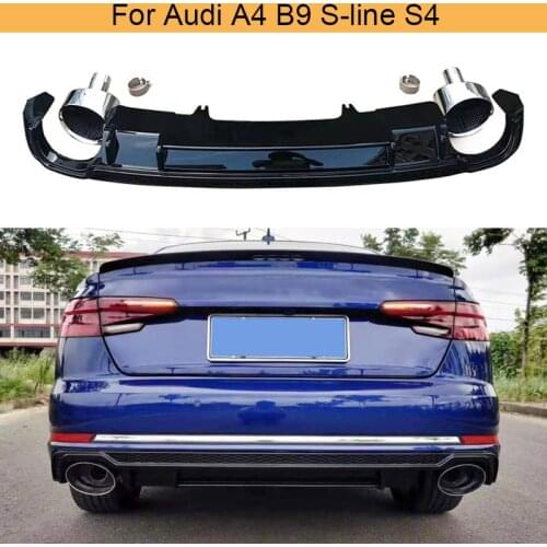 Gloss Black Car Rear Bumper Lip Diffuser For Audi A4 B9 S-line S4 2017 2018 2019 Rear Diffuser Spoiler with Silver Exhaust Tips