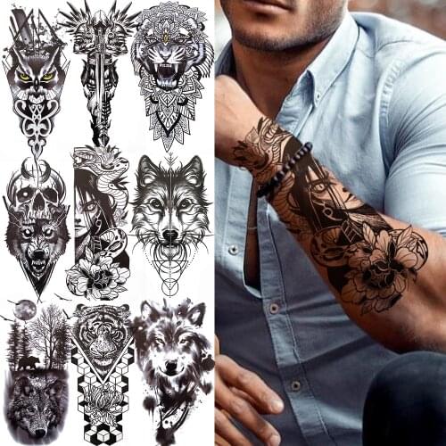 Large Snake Black Tattoo Sticker Owl Wolf Tiger Tribal Totem Henna Fake Tatoo For Women Kids Fake Forest Tattoo Mens Fashion
