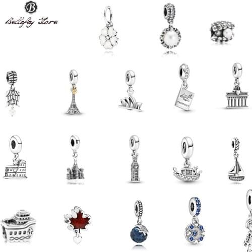 Sterling Silver 925 Boat Trinket Jewelry Castle Flower Charms Passport Pendant Making Beads Fits Original Bracelet DIY Necklace