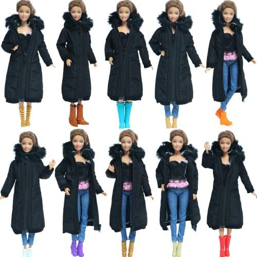 2 Pcs/Lot Black Winter Coat Long Cotton Dress Skirt With Shoes Accessories Clothes for Barbie Doll Parka Outfits Jacket Baby Toy