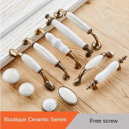 Zinc Alloy Ceramic Handle European Style Crack Kitchen Cabinet Wardrobe Handle Yellow Bronze Antique Drawer Round Knob Furniture