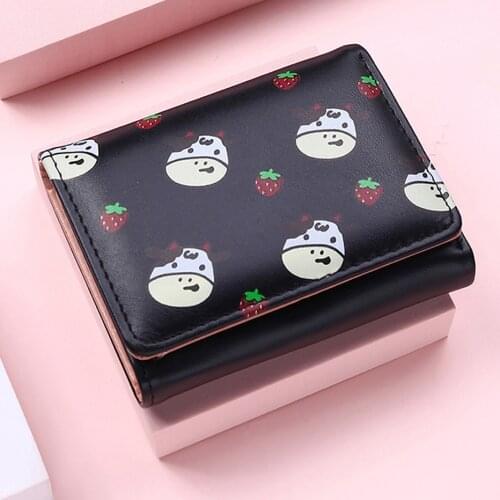 2021 New Short Wallet for Womens Cute Print Cartoon Cow Strawberry Soft Leather Purse Female Money Coin Bag Card Holder Clutch