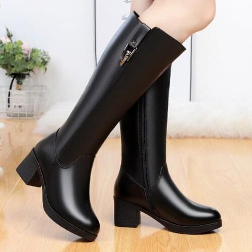 Leather boots womens leather boots with high boots thick heel thickened large middle-aged mother cotton shoes cotton boots
