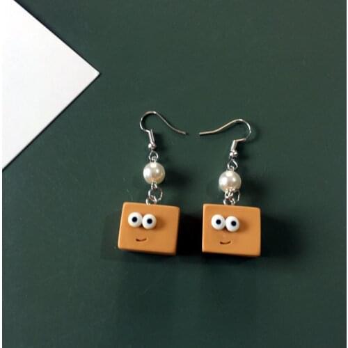 ZiccoWong Cute Big Eyes Bread Long Dangle Earring For Women Girls Cartoon Resin Handmade Pearl Funny Food Eardrop Earring Gift