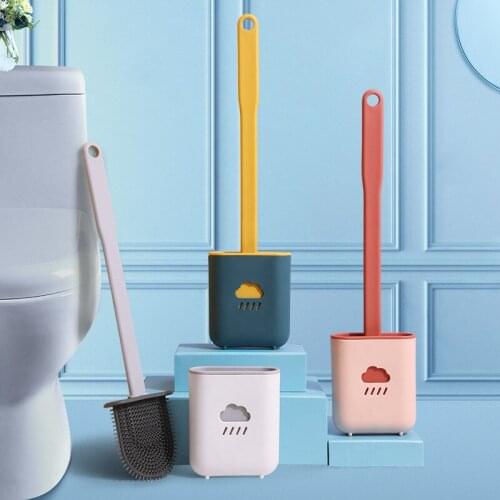 Toilet Brush Set Water Leak Proof with Base Silicone Wc Flat Head Flexible Soft Bristles Brush with Quick Drying Holder Set