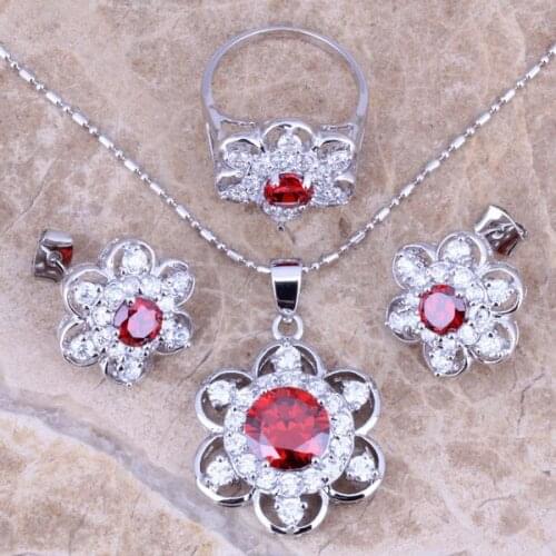 Enchanting Red Garnet White CZ Silver Plated Jewelry Sets Earrings Pendant Ring Size 6 / 7 / 8 / 9 / 10 S0168