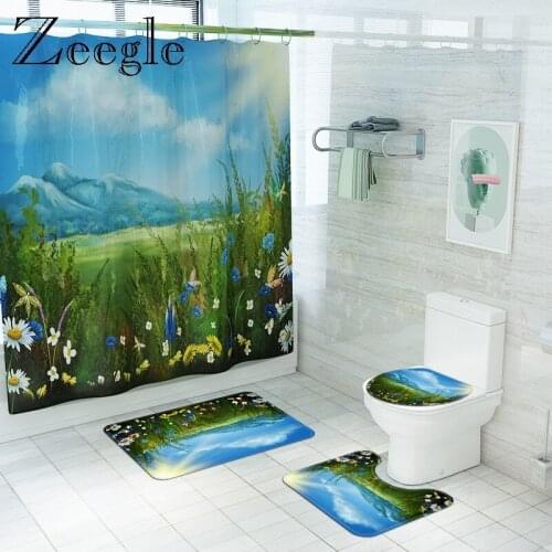 Green Meadow Print Bath Mat in the Bathroom HomeDecoration Carpet Set and Shower Curtain Toilet Seat Cushion Waterproof Foot Set