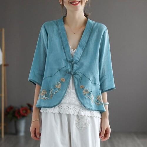 QPFJQD Ladies Cotton Linen V-Neck Loose Blouse Three Quarter Sleeve Button 2021 Summer Autumn Women Retro Embroidery Shirts