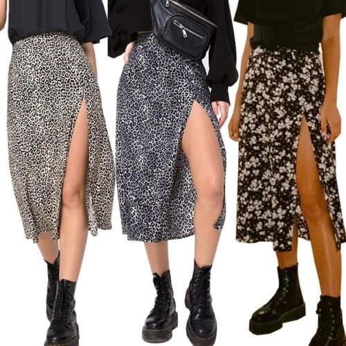 Floral Print Black Skirts Women Summer 2021 Fashion High Waist A-Line Split Leopard Skirt Woman Casual Elastic Waist Midi Skirt