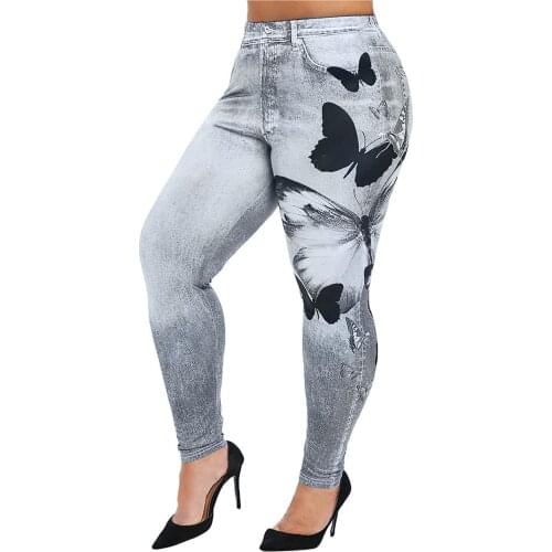 Women New Fashion Classic Stretchy Slim Leggings Sexy Imitation Jean Skinny Jeggings Butterfly Print Pants Bottoms Long Pants#F3