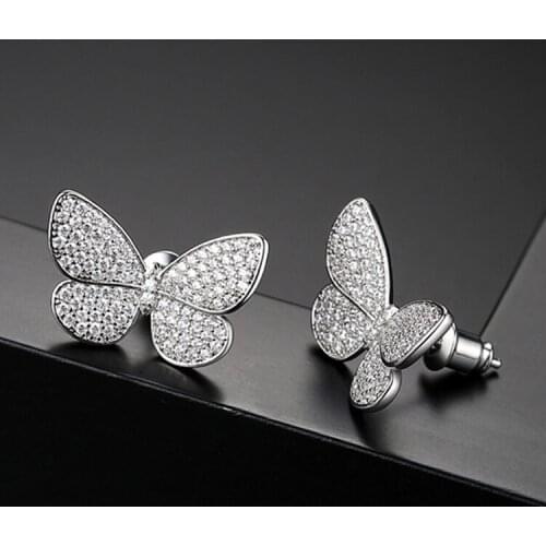 Top Quality OL Fashion Mosaic AAA Zircon Crystals Cute Butterfly Silver Stud Earring for Women Luxury Jewelry