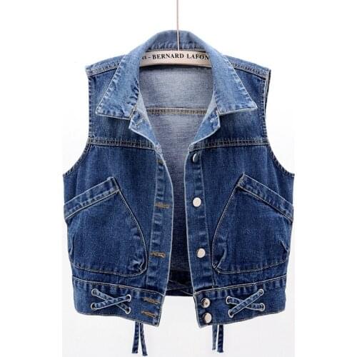 Women Denim Vest Jacket New Spring Autumn Coat Korean Wild Bandage Jeans Jacket Short Sleeveless Waistcoat Outerwear Female Tops