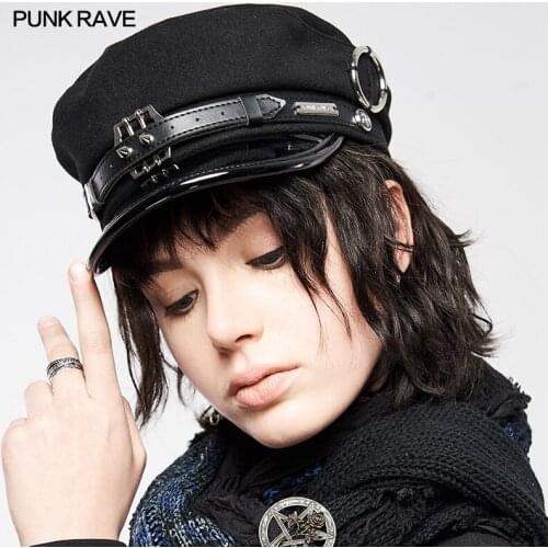 PUNK RAVE Womens Punk Handsome Woolen Beret Streetwear Personality Fashion Metal Decorate Pu Cap Party Club Women Accessories