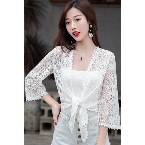 2020 Sexy Elegant Lace Women Shrug Wrap Shawl Jacket Cape Summer Coat Female black and white Thin Shrug