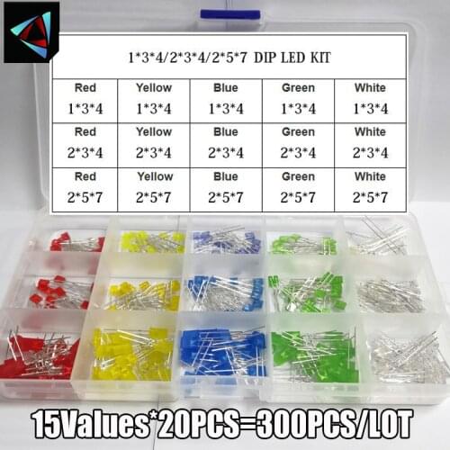 300PCS 15Colors 1*3*4/2*3*4/2*5*7 White Red Green Blue Yellow Diffused Light-Emitting Diode LED Assorted Kit Set