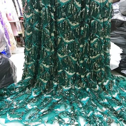 5yards/pc) Green sequins tassels lace fabric soft African French net lace fabric for fashion party dress FLV59