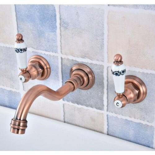 Antique Red Copper Brass Wall Mounted Dual Handles Widespread Bathroom 3 Holes Basin Tub Faucet Mixer Water Taps msf524