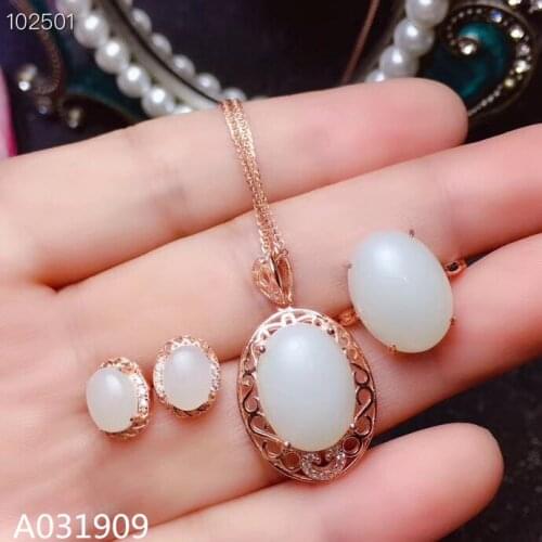 KJJEAXCMY boutique jewelry 925 sterling silver inlaid Natural White jade Necklace Ring Earring Set Support detection exquisite
