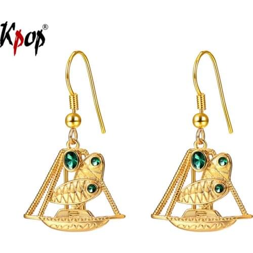Kpop Sailing Boat Drop Earrings For Women PNG Vintage Jewelry Gold Color Green Crystal Zirconia Fish Dangle Earrings E2899