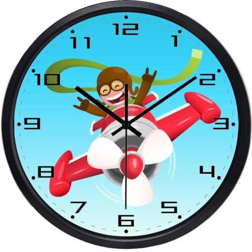 Cartoon Children Pilot Plane Wall Clock for Boy Room
