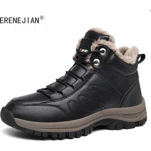 ERENEJIAN Mens Winter Snow Boots Waterproof Leather Ankle Boots Outdoor Casual Shoes Non Slip Footwear Plush Warm Sneakers