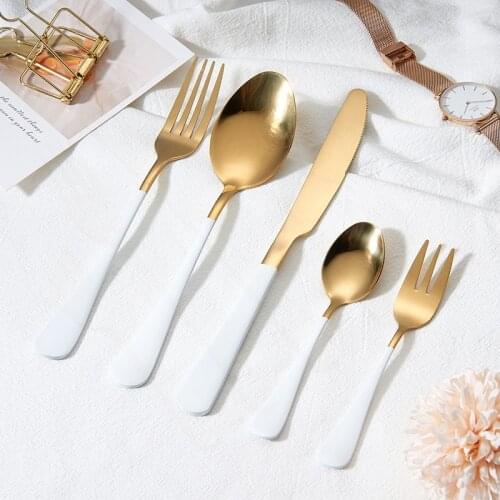 Stainless Steel Tableware Western Cutlery Set 5pcs Kitchen Set Dinnerware Mirror Dinner Set White and Gold Flatware Dropshipping